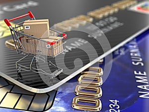 E-commerce. Shopping cart and credit cards.