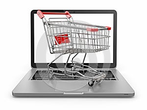 E-commerce. Shopping cart on laptop.