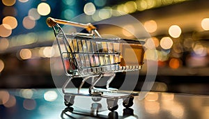 E commerce shopping cart toy. Online sale, marketing and payment with discount picture