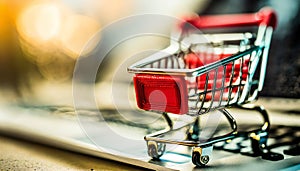 E commerce shopping cart toy. Online sale, marketing and payment with discount picture
