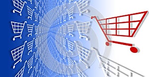 E-commerce shopping carts on blue to white gradient.