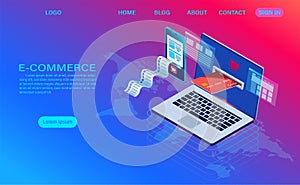 E-commerce shopping online with computer and mobile. Vector 3d isometric template