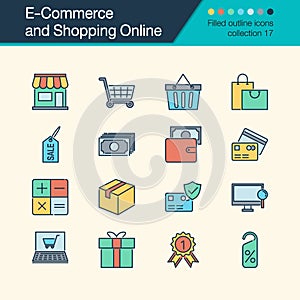 E-commerce and Shopping online icons. Filled outline design coll