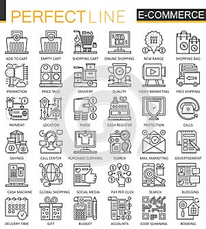 E-commerce stroke outline concept symbols. Perfect thin line icons. Shopping Modern linear style illustrations set.