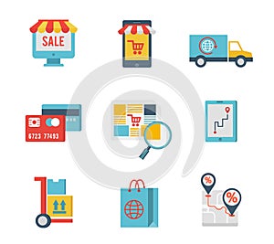 E-commerce symbols and internet shopping elements