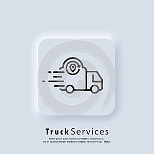 E-commerce. Track service. Truck shipping. Vector. UI icon. Fast delivery truck icon. Express delivery logo. Distribution service