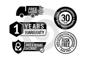 E commerce vector icon set including, free shipping, 1 year warranty, safe and secure checkout, risk free-100% satisfaction guaran