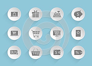 e-commerce vector icons on round puffy paper circles with transparent shadows on blue background