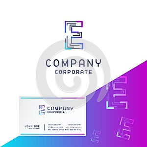 E company logo design with visiting card vector