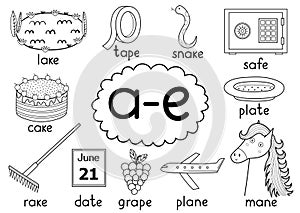 A-e digraph spelling rule black and white educational poster for kids with words