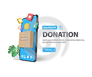 E-donation concept.close-up of box donate make an online donate via mobile phone