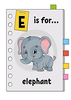 E is for elephant. ABC game for kids. Word and letter. Learning words for study English. Cartoon character. Color vector