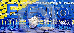 E-euro digital concept and binary code background 3d-illustration