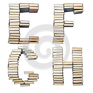 E F G H letter from books. Alphabet isolated on white background. Font composed of spines of books