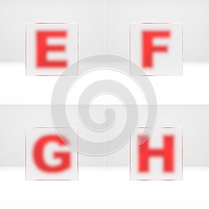 E, F, G, H letters through matte glass