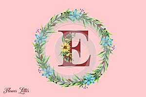 E floral alphabet with watercolor flowers and leaf, Letter with plants and flowers. Floral botanical alphabet, Monogram initials