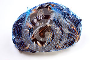 e fresh organic mussel in a blue net