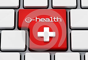 E-health text and cross symbol on enter key. 3D illustration