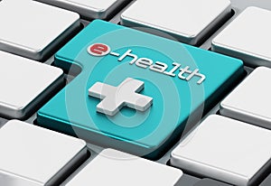 E-health text and cross symbol on enter key. 3D illustration