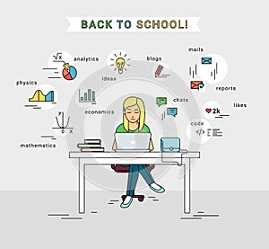 E-learning and back to school illustration of young girl using laptop