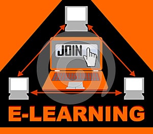 E-learning banner with group of computers in triangle composition, button join, hand pointer, arrow symbols
