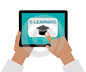 E-Learning concept as hands finger choosing Online Education on tablet computer