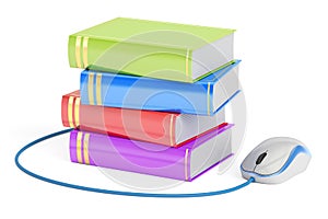 E-learning concept, books with computer mouse. 3D rendering