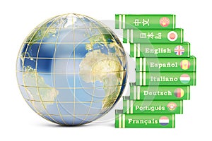 E-learning concept, dictionaries with Globe. 3D rendering