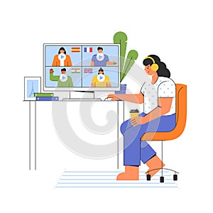 E-learning concept. Girl is studying a foreign language online