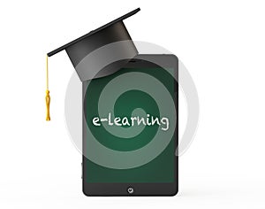 E-Learning Concept. Graduation Academic Cap over Tablet PS as Bl