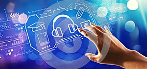 E-learning concept  with hand pressing a button