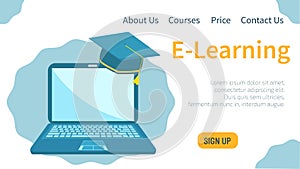 E-learning concept. Laptop and graduation cap. Online education, e-learning platform, online teaching concept. Website vibrant