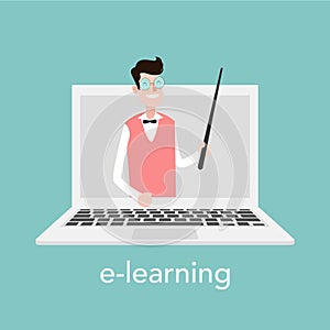 E-learning concept for online school. Vector laptop on blue background