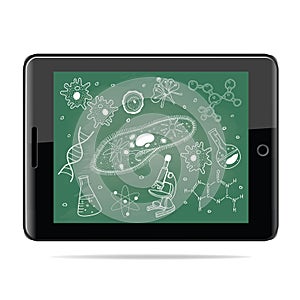 E-learning concept. Tablet computer with biology sketches on school board.