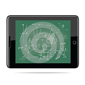 E-learning concept. Tablet computer with mathematics - geometric shapes and expressions sketches on school board