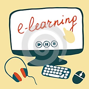 E-learning concept. Workplace for online education and remote work. Hand drawn flat vector illustration