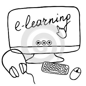 E-learning concept. Workplace for online education and remote work. Hand drawn vector illustration