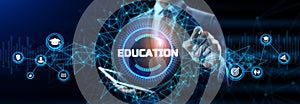 E-learning distance education concept. Businessman pressing button on screen