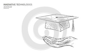 E-learning distance graduate certificate program concept. Low poly 3D render graduation cap on planet Earth World map