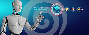 E-learning EdTech education technology concept. Robot pressing button on screen 3d render