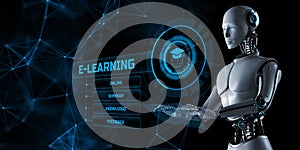 E-learning EdTech education technology concept. Robot pressing button on screen 3d render