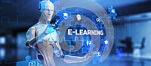 E-learning EdTech education technology concept. Robot pressing button on screen 3d render