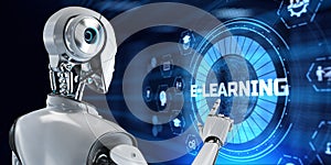 E-learning EdTech education technology concept. Robot pressing button on screen 3d render