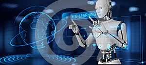 E-learning EdTech education technology concept. Robot pressing button on screen 3d render
