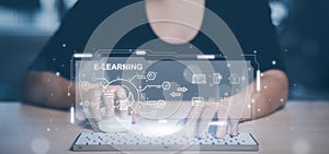 E-learning education, Businessman hand touch Online Education icon on virtual screen. internet lessons and online webinar