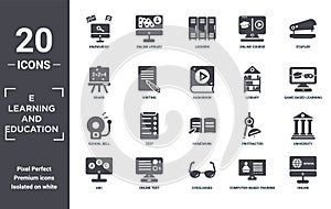 e.learning.and.education icon set. include creative elements as knowledge, stapler, library, homework, online test, school bell