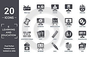 e.learning.and.education icon set. include creative elements as pencil case, pencil box, lecture, ruler, whiteboard, asynchronous