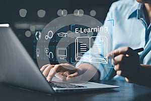 E-learning education internet technology webinar online courses concept. Online education training and e-learning webinar on