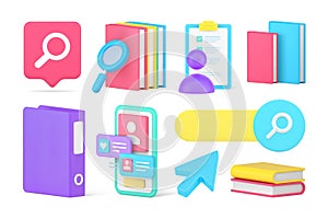 E learning education library book reading internet information searching set 3d icon vector