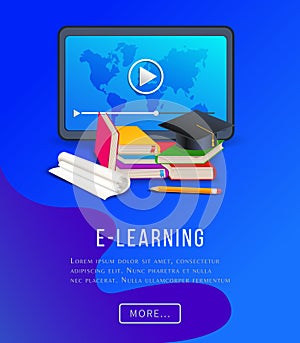 E-learning education poster with tablet computer, books, textbooks, pencil and graduation cap.